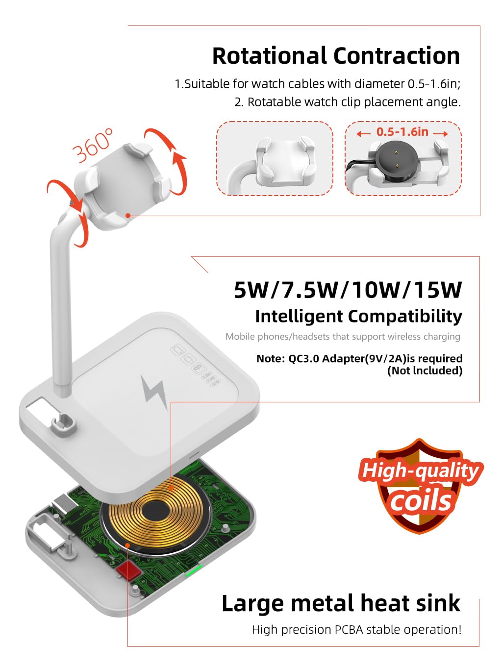 Supporto caricabatterie wireless 2 in 1 per Samsung/Apple/Google, per Huawei GT/Samsung Galaxy/Pixel/Garmin/Diesel/Fossil/Fitbit/Skagen/Michael/Galaxy/GT Watch Bracket Base (02SW-B)