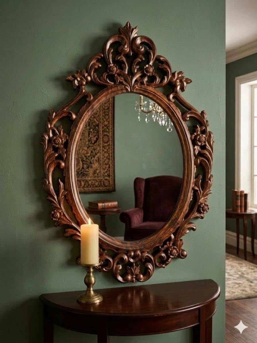 Royal Traders Elegant Vintage Wooden Framed Oval Wall Mirror Hand Carved Floral Design Decorative Accent Mirror for Living Room Bedroom Dressing Area Foyer Traditional Home Decoration-image-11