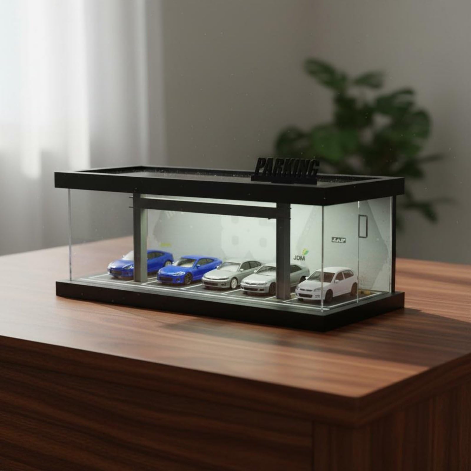 Parkhaus Modellauto Vitrine Diorama Garage Sammelvitrine Modellgarage Miniaturparkhaus Acrylgehäuse Staubschutz Display, Garagen-Stil, Beleuchtet, Montage, D-Modell