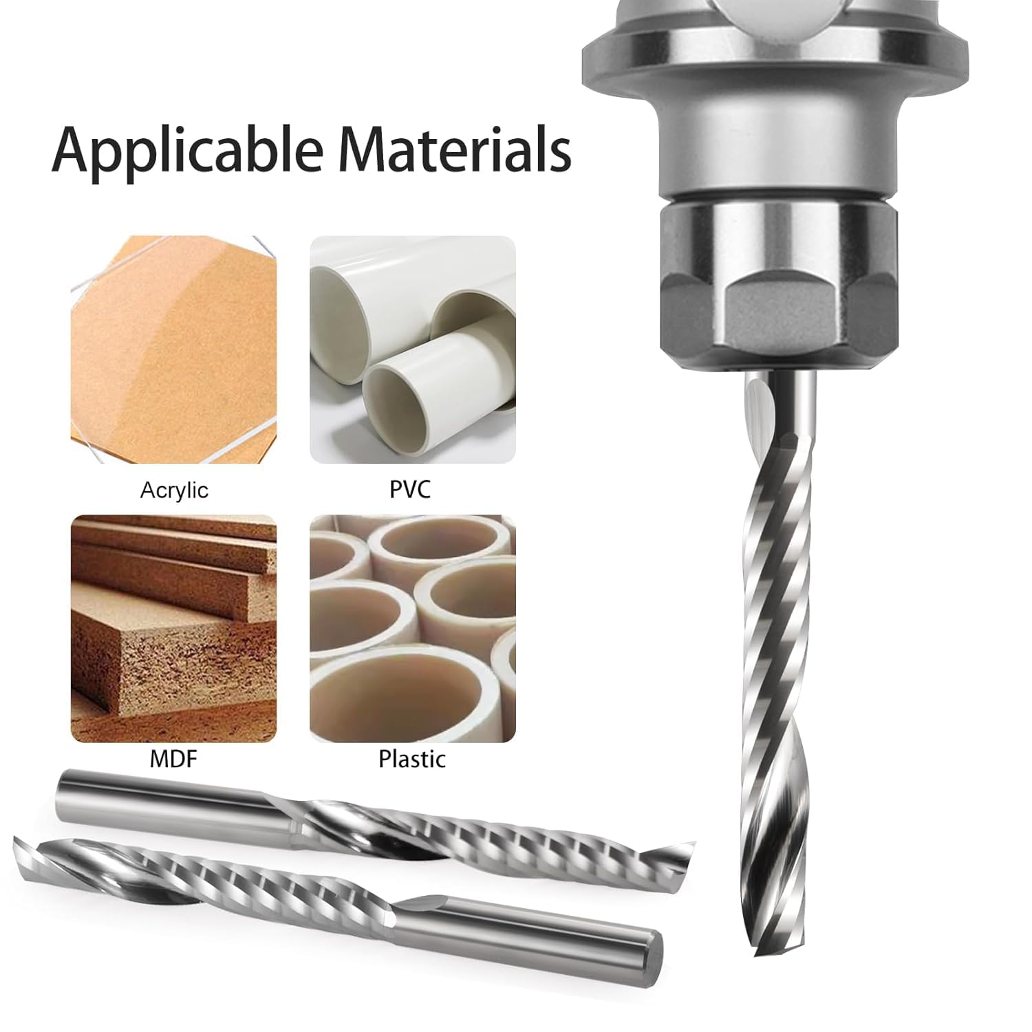 Set di 10 punte per fresa CNC con gambo da 0,4 cm, 1 scanalatura, in carburo solido, fresa a spirale, per acrilico, PVC, MDF, incisione, intaglio