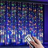 OPOLEMIN 16 Colors Changing Curtain Lights with Power Adapter, 300 LED 8 Modes Waterproof Curtain String Lights, Wall Window Hanging RGB Curtain Lights for Bedroom Xmas Wedding Valentines Day Decor