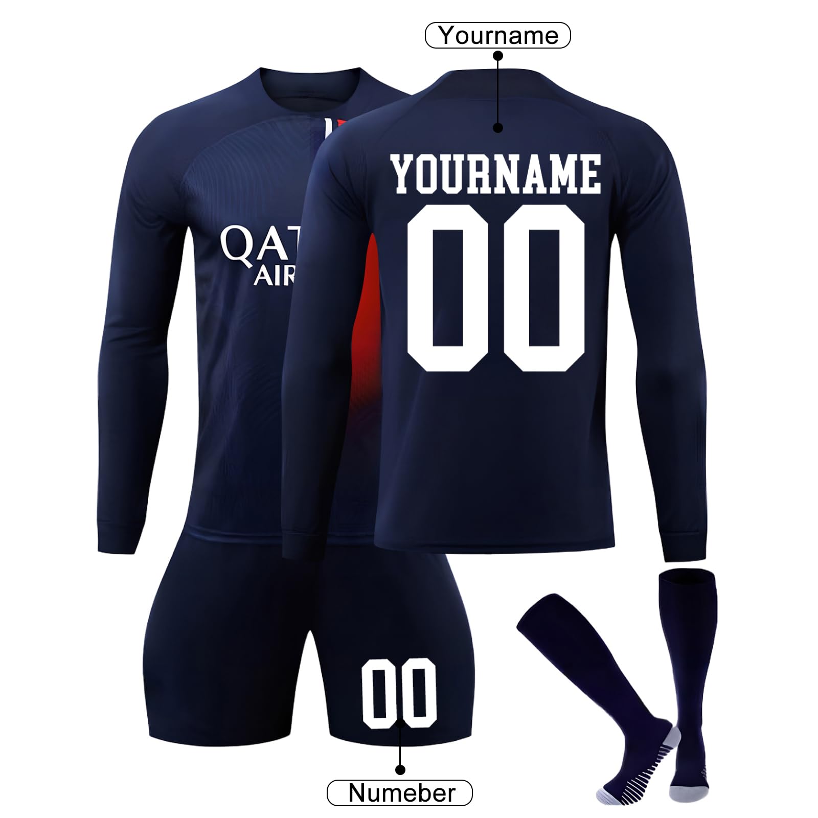 Maillots de Football Personnalisé avec Nom Nombre pour Enfant et Adultes, 3 pièces Ensemble Football Entraînement Manche Longue T-Shirt Short et Chaussettes