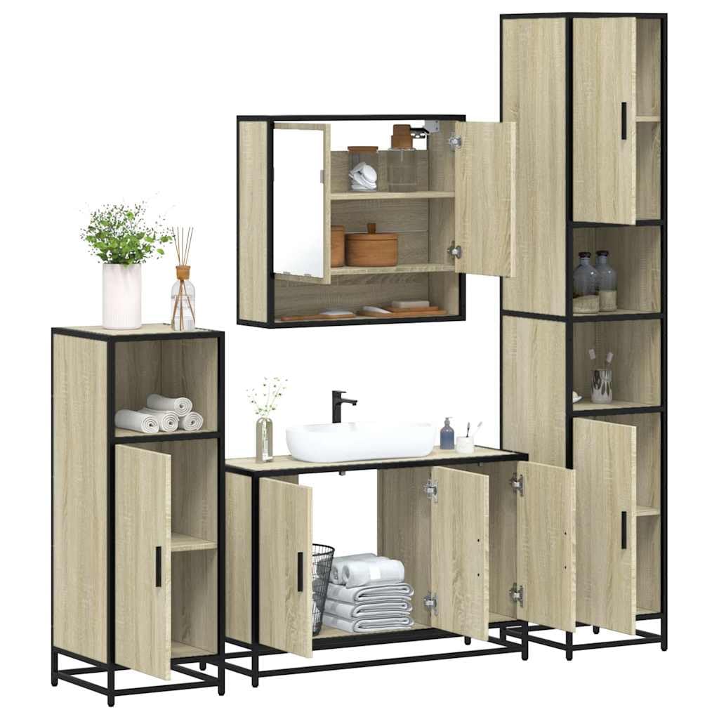 Set di 4 mobili da bagno con armadietto a specchio, effetto rovere
