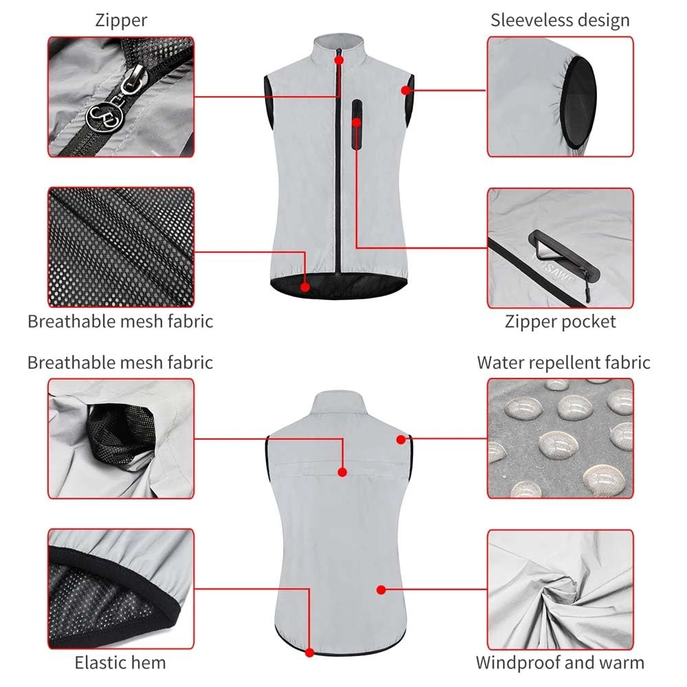 SIDHU Fahrradweste Herren Damen Reflektierend Winddicht Windstopper Laufweste Wasserdicht Atmungsaktiv MTB Warnweste Ärmellose Weste Jacke Radweste Leicht Softshellweste Sportweste, Silver-3XL