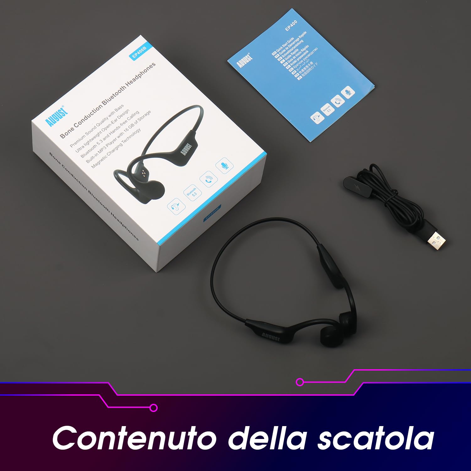 August EP400 Cuffie Conduzione Ossea Bluetooth e MP3 Openear con Memoria, Bone conduction con microfono, IP68 Impermeabili Multipoint per Running Sport Waterproof Wireless Bici Ciclismo - Nero