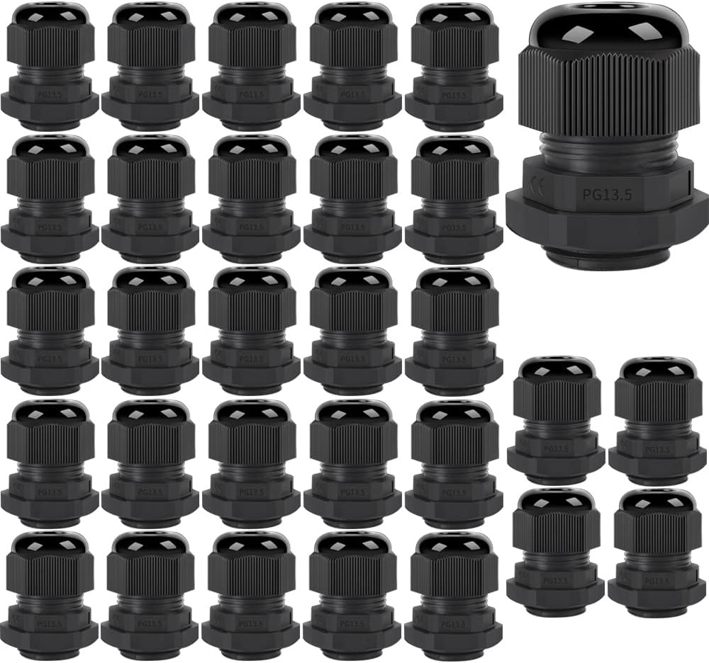 Gebildet 30Pcs PG13.5 Cable Gland, Plastic Waterproof Adjustable 6.0-12mm Cable Gland Joint with Gaskets, M20x1.5 Wire Connector, Wire Protector (Black)