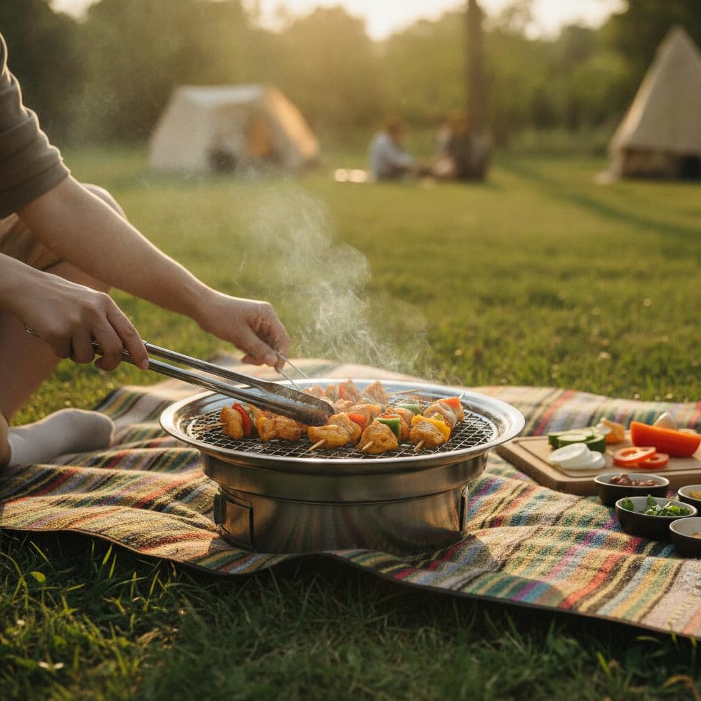 Barbacoa Carbón Portátil, Parrilla Acero Inoxidable Camping, Mini Barbacoa Humareda, Estufa Té Exterior, 40cm