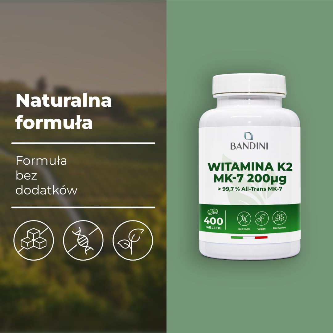 Bandini® Witamina K2 MK7 200 µg, 400 tabletek, Wysoka dawka menachinonu, Witamina K 2 MK-7 200 mcg, Pomaga w utrzymaniu prawidłowego stanu kości, 100% wegańska, wolna od GMO, Włoska jakość witaminy K