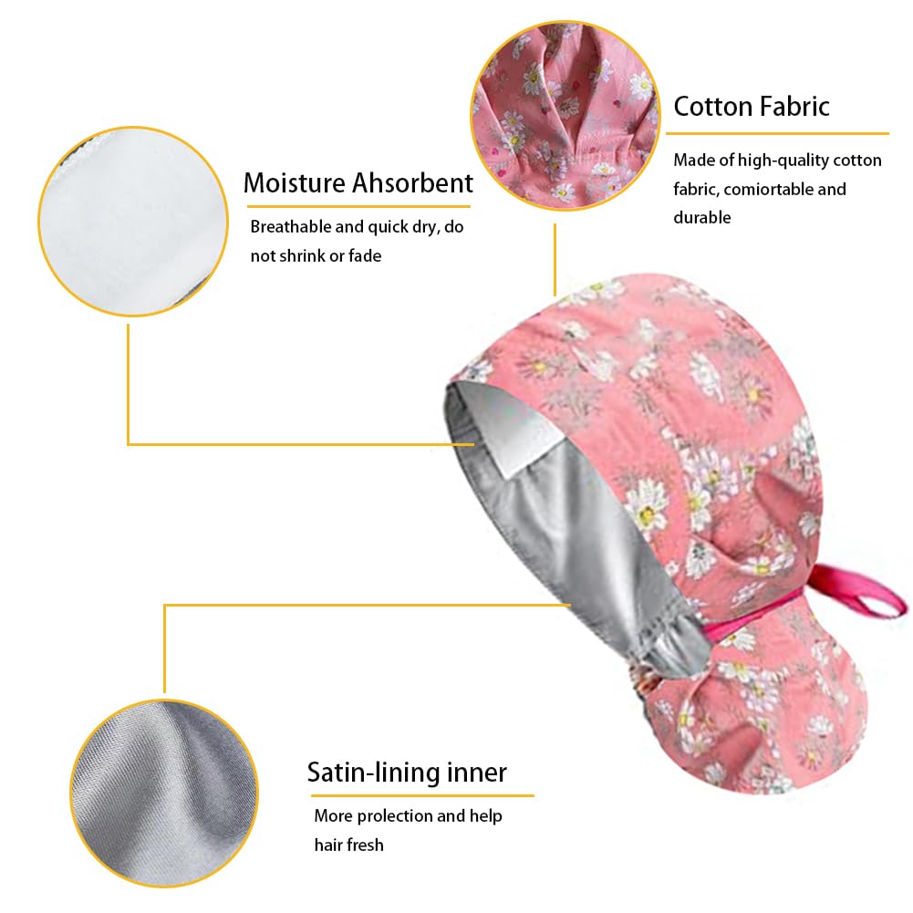 6PCS OP Hauben Damen mit Satinfutter, Verstellbar OP Haube Stoff mit Knopf, Pferdeschwanz Schrubben Kappe mit Baumwolle Schweißband, Arbeitskappe, Baumwolldruck Chirurgische, Satin Haarhaube Kochmütze