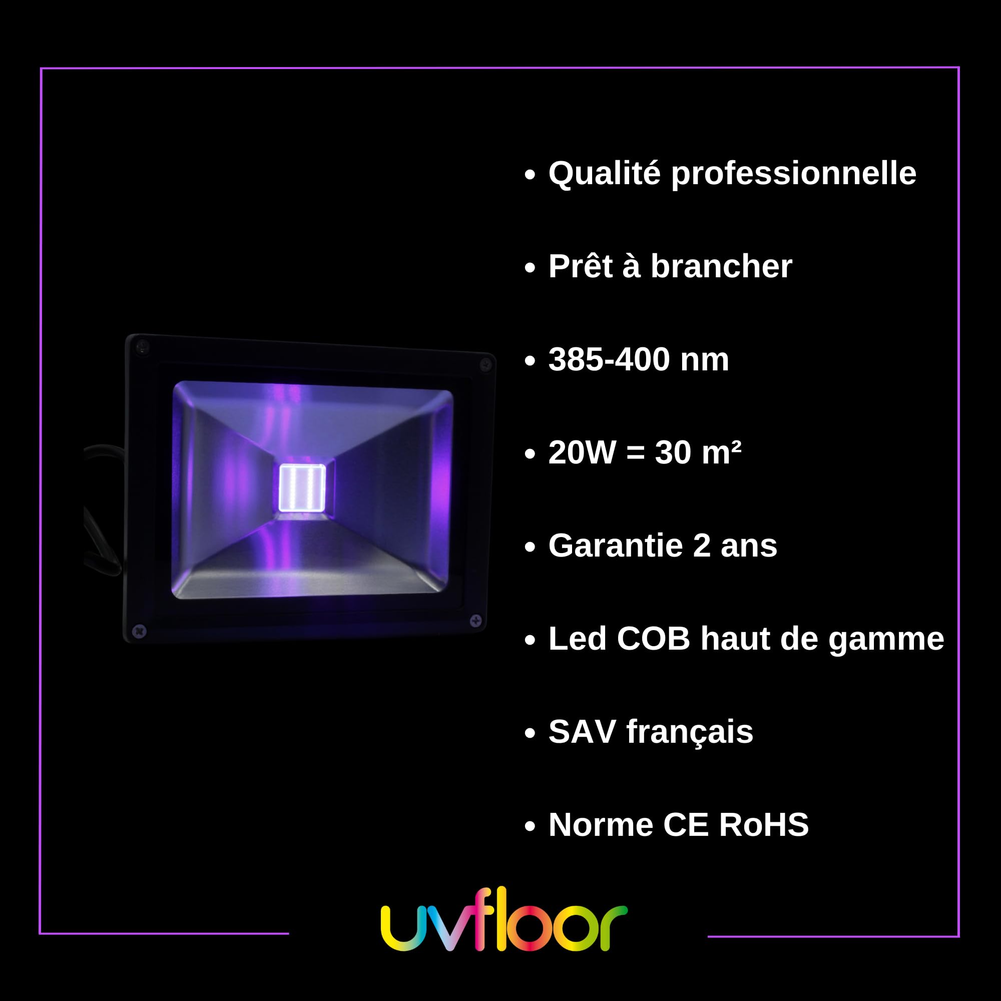 UVFloor - Projecteur Led UV 20W PRO - Ultraviolet 385nm 400nm - IP65 Etanche Lumière Noire UV Exterieur Intérieur - avec Prise 220V - pour Soirée Fluo, Néon, Bar, Fête