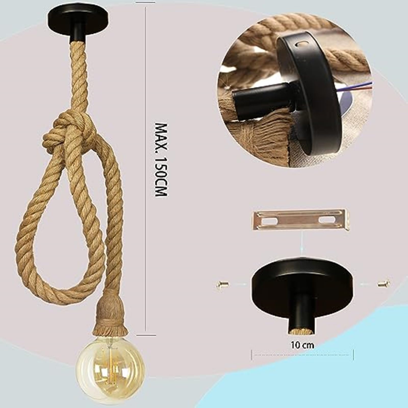 OneUan- Lampara Cuerda Techo 150cm Textil, Portalamparas Colgante Retro Rural de Techo para Bombilla E27, Hecha de Cáñamo, Decoración Hogar, Tienda, Bar, Restaurante, Hotel. (5 UNIDADES, CON BOMBILLA)