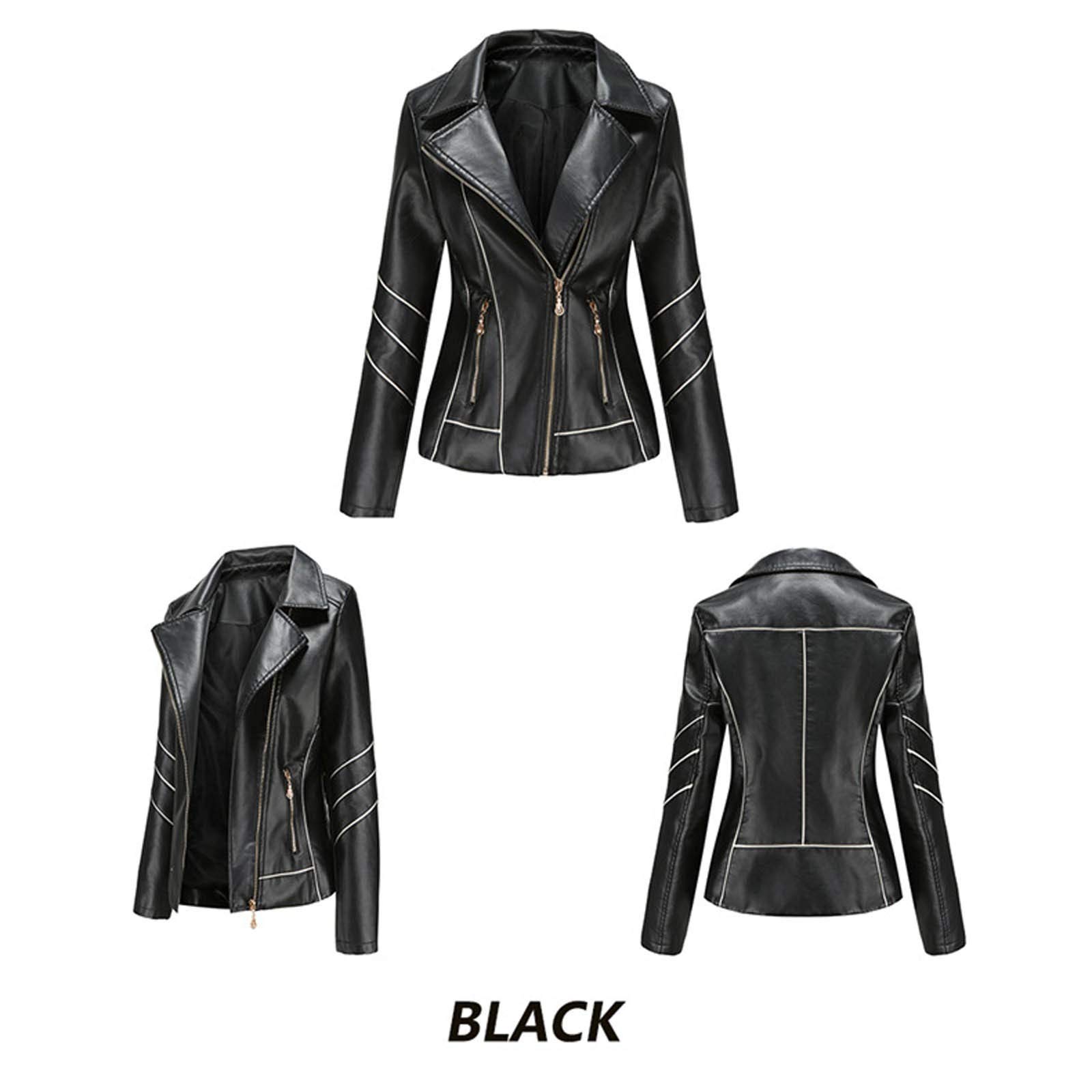 Lederjacke Damen Schwarz ,Bikerjacke Damen Kunstleder, Kunstlederjacke Damen Herbst Revers Motorradjacke mit Reißverschluss Ledermantel Langarm Bekleidung Slim Moto Biker Mantel Jacken Outdoorjacke