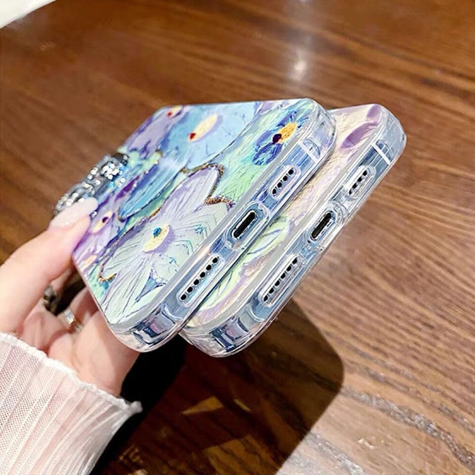 Image of VONZEE Compatible with iPhone 15 Pro Case Laser Flower Oil Painting Cute Colorful Blue Ray Bumper with Full Camera Protection Shockproof PC+TPU Glossy Shiny Cover for Girls Women, Green