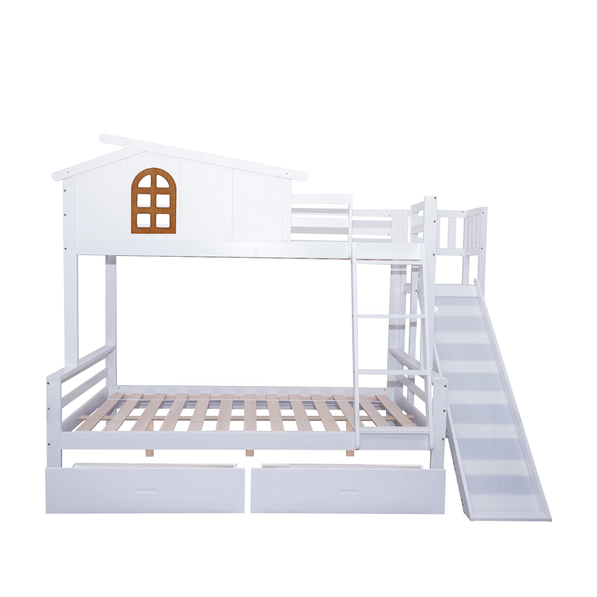 Hochbett mit Rutsche, Kinderbett Etagenbett 90x200 & 120x200, Hausbett mit charakteristischen Fenstern und Zwei Schubladen, Kinder und Mutterbett, Bett mit Lattenrost, Massivholz, Weiß