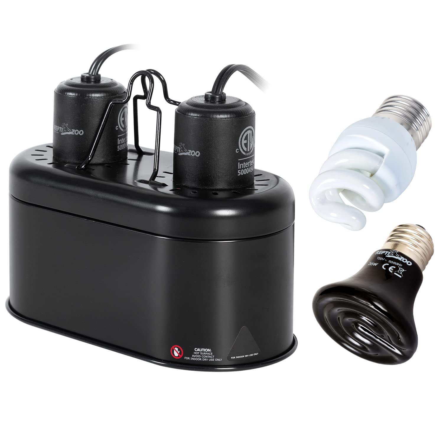 REPTI ZOO Dual Nano Dome Reptile Lamp Fixture Combo Pack Includes 5W Mini Fluorescent UVB Light Bulb & 35W Ceramic Heat Emitter Reptile Heat Lamp Bulb