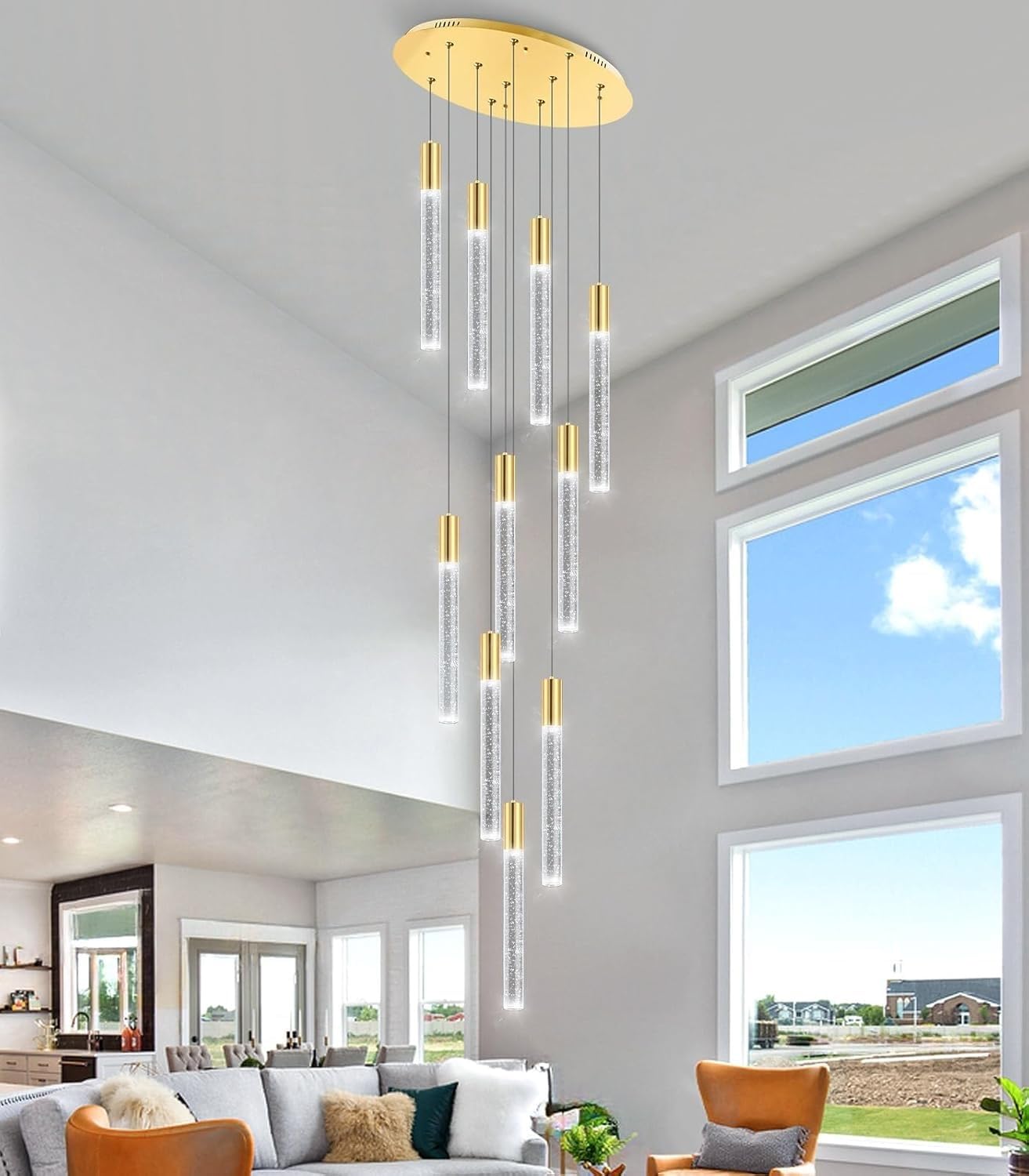 Ściemnialne lampy wiszące LED, nowoczesny kryształowy żyrandol wiszący na wysokie sufity, duży żyrandol do foyer/wejścia, oświetlenie do salonu, przedpokoju, korytarza, klatki schodowej, oprawa