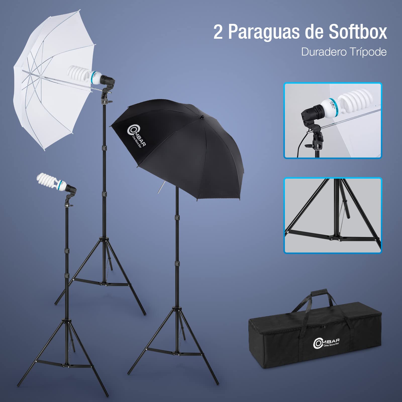 Kit Studio Photo OMBAR 2.6x3m - 4 Ampoules 135W, Fond Noir/Blanc/Vert, Softbox