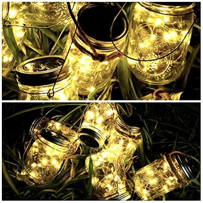 Solar Mason Jar Lights 10 Pack 20 LED Waterproof Outdoor Fairy Firefly String Light Lids with 10 Hangers Rust Resist for Patio Lawn Garden Wedding Lantern Decor No Jars (Warm White)