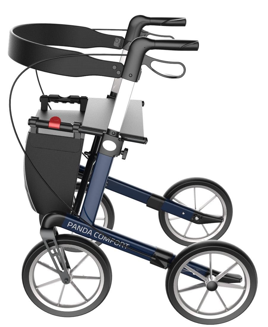 FabaCare Outdoor-Rollator mit Vollausstattung und Feststellbremse, Leichtgewichtrollator Panda Comfort mit Softrädern, Indoor-Rollator, faltbar, abnehmbare Tasche, Rückengurt, Stockhalter, Farbe blau