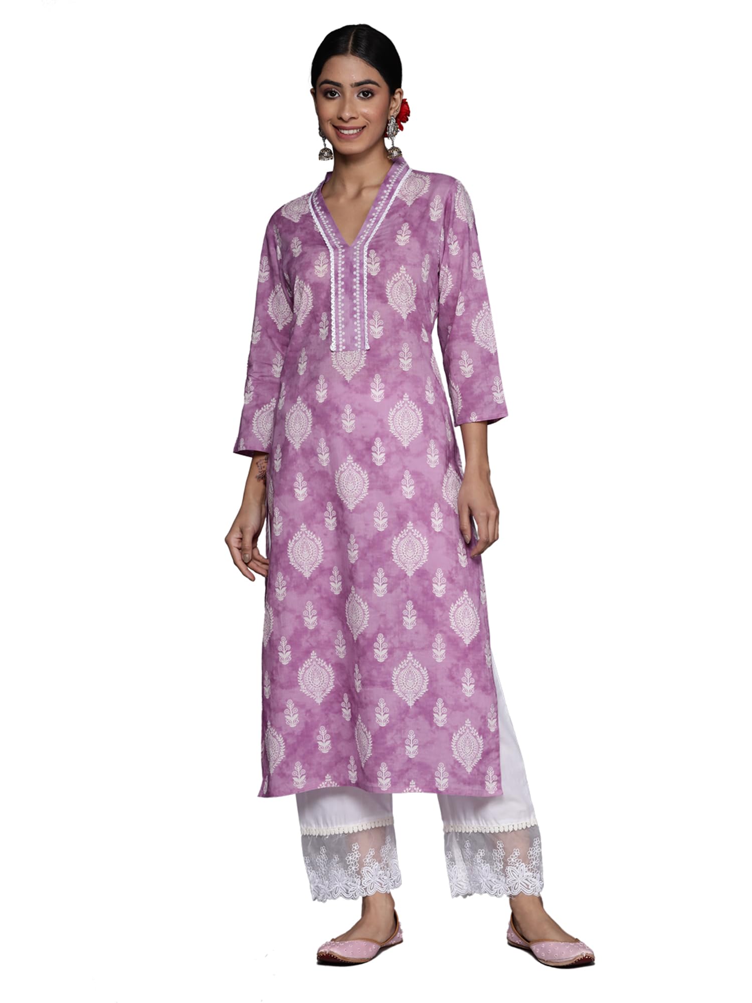 Varanga Women Lavender 3/4Th Sleeve V Neck Collared Kurta With White Floral Patterns (Double Extra Large)