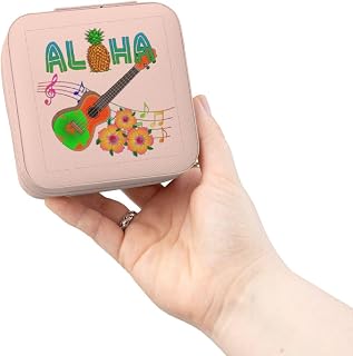 3dRose Island Aloha with a ukulele, music notes, and tropical flowers Jewelry Travel Case Pink