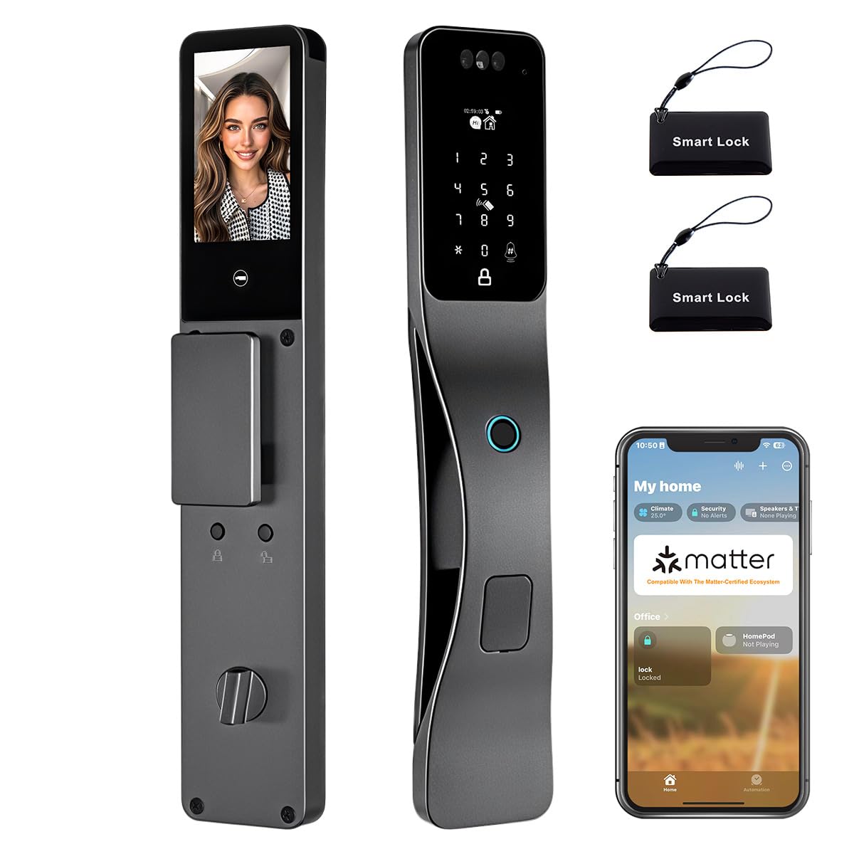 HANDAILY Matter Smart Lock,Compatible with Apple Home, Alexa,Google,Built-in Wi-Fi,8-in-1 Unlocking Options Including Facial Recognition,Hd Video Camera,Fingerprint,Voice Calls
