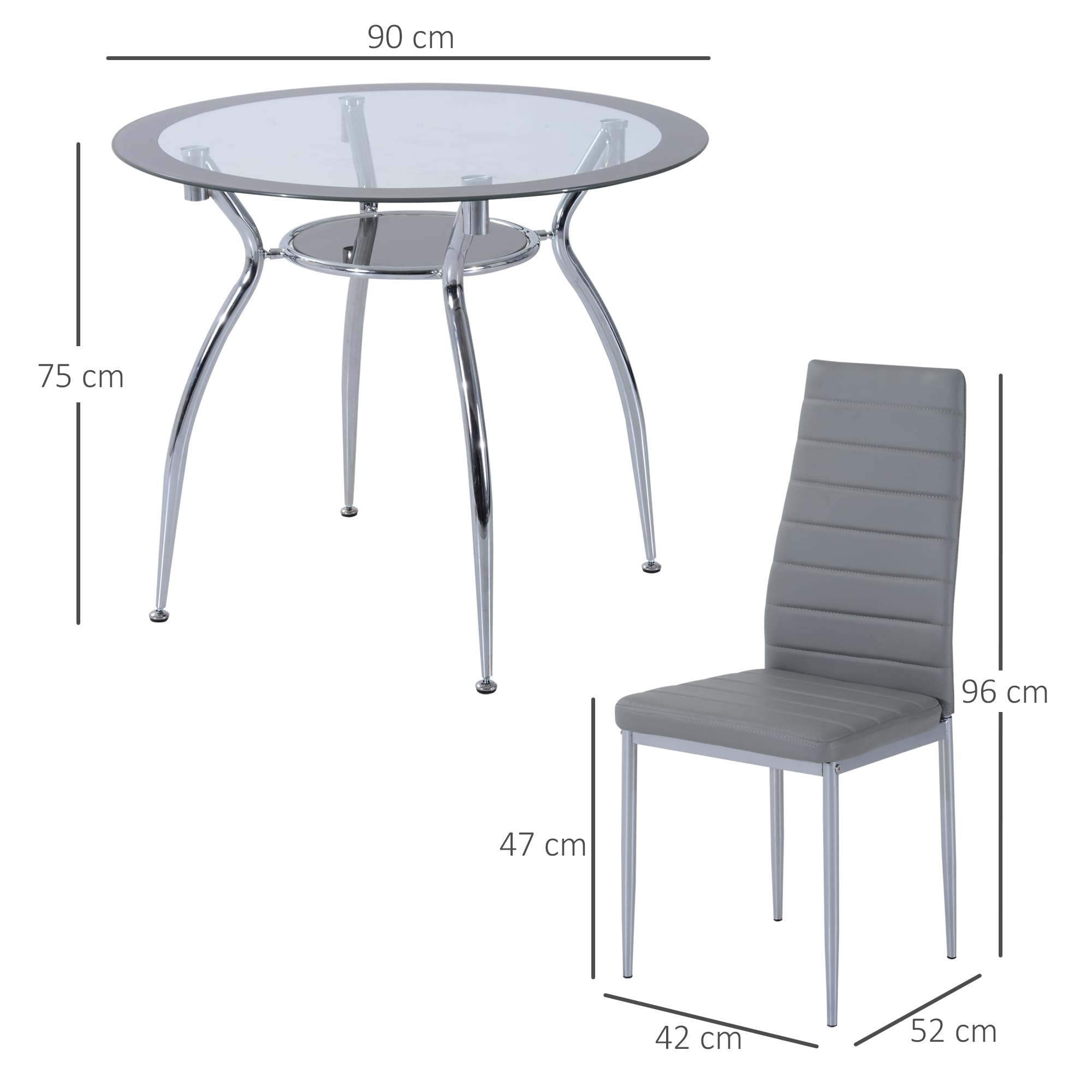 HOMCOM Conjunto de Mesa y Sillas de Comedor Juego de Mesa de Cocina con 4 Sillas con Tablero Vidrio Templado y Patas de Acero Carga 120 kg Gris