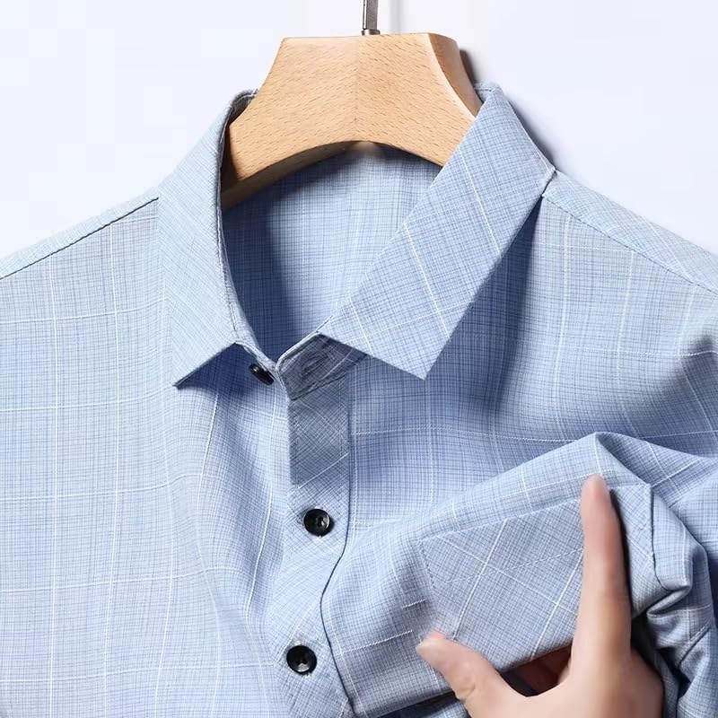 Men's Business Plaid Shirt Korean Streetwear Clothes Short Sleeve Button Pocket Quick-Drying Tops