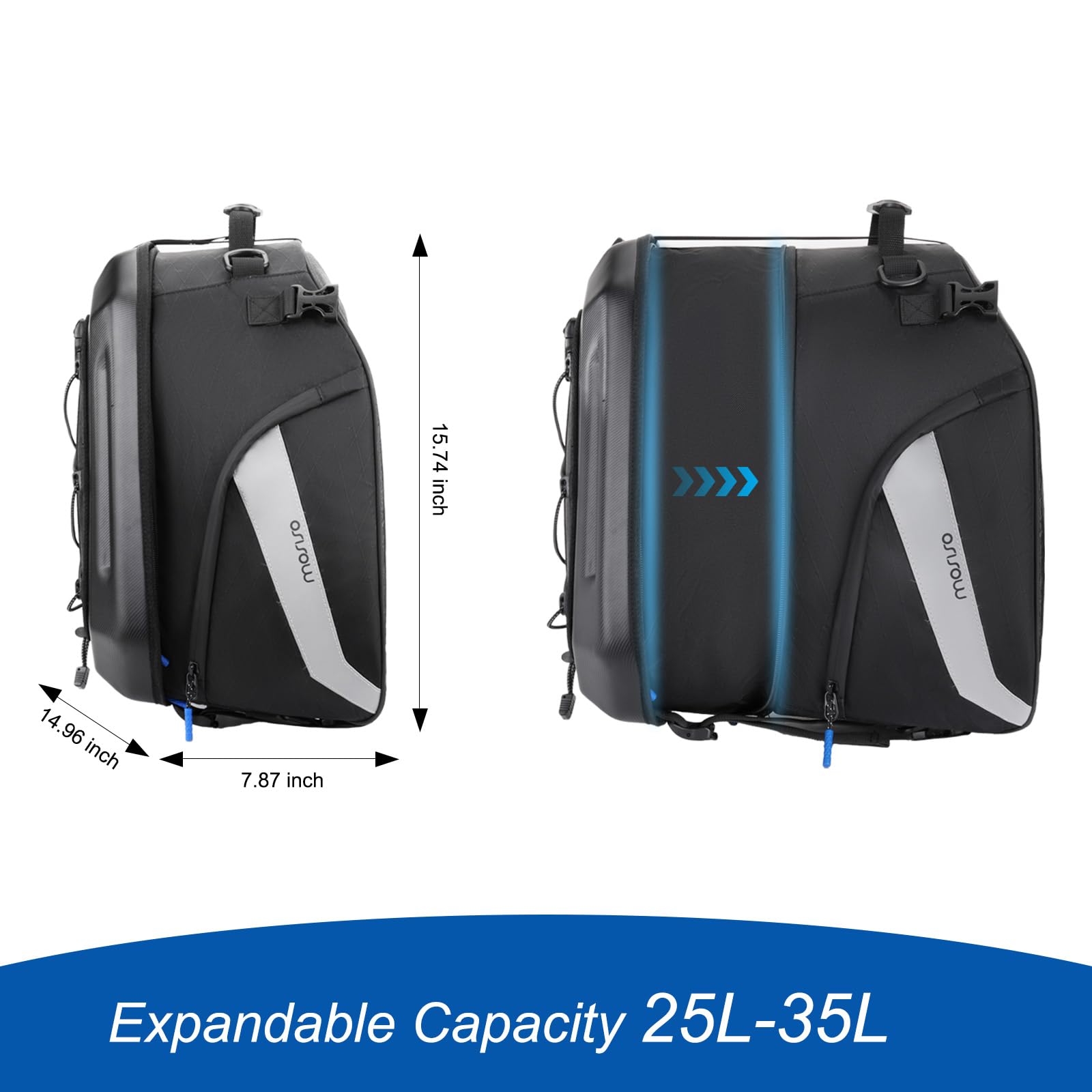 MOSISO Bolsa Trasera para Moto, Mochila Convertible Casco Moto con Capacidad Expandible 25 a 35 L, Bolsa Equipaje, Herramientas y Equipaje el Asiento Trasero Moto con Asa y Bandas Reflectantes, Negro