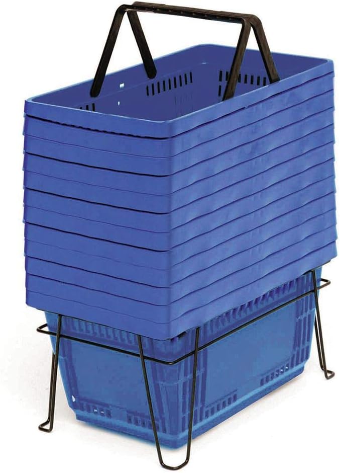 Retail Resource 28 Liter Blue Grocery Shopping Baskets Set of 12 with Metal Stand, 76100