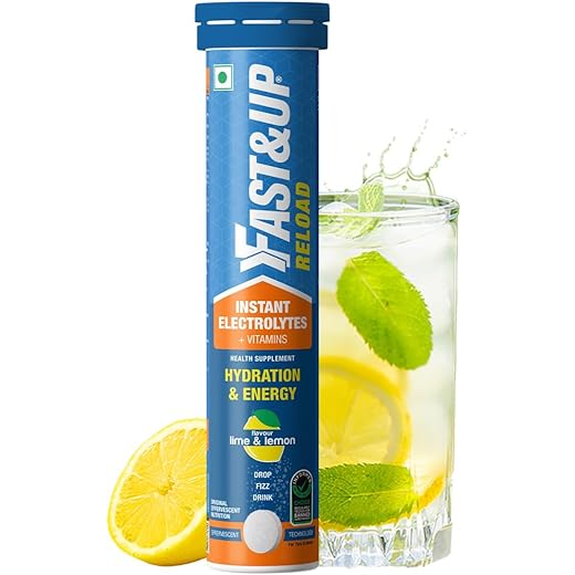 Fast&Up Reload (5 Litres) Low Sugar energy drink for Instant Hydration- 20 Effervescent Tablets with all 5 Essential Electrolytes + Added Vitamins -Certified Electrolytes Drink- Lime and Lemon flavour