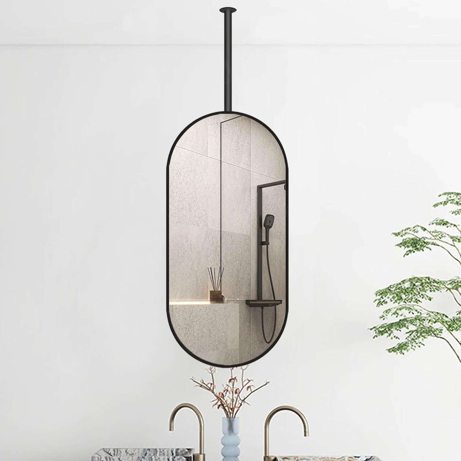 FGXHHS Modern Oval Mirror, Floating Hanging Rod Mirror for Bathroom Washroom - Boom can be Customizable, Black Creative Decorative Shaving Makeup Mirrors Easy Assembly(40cmx60cm)