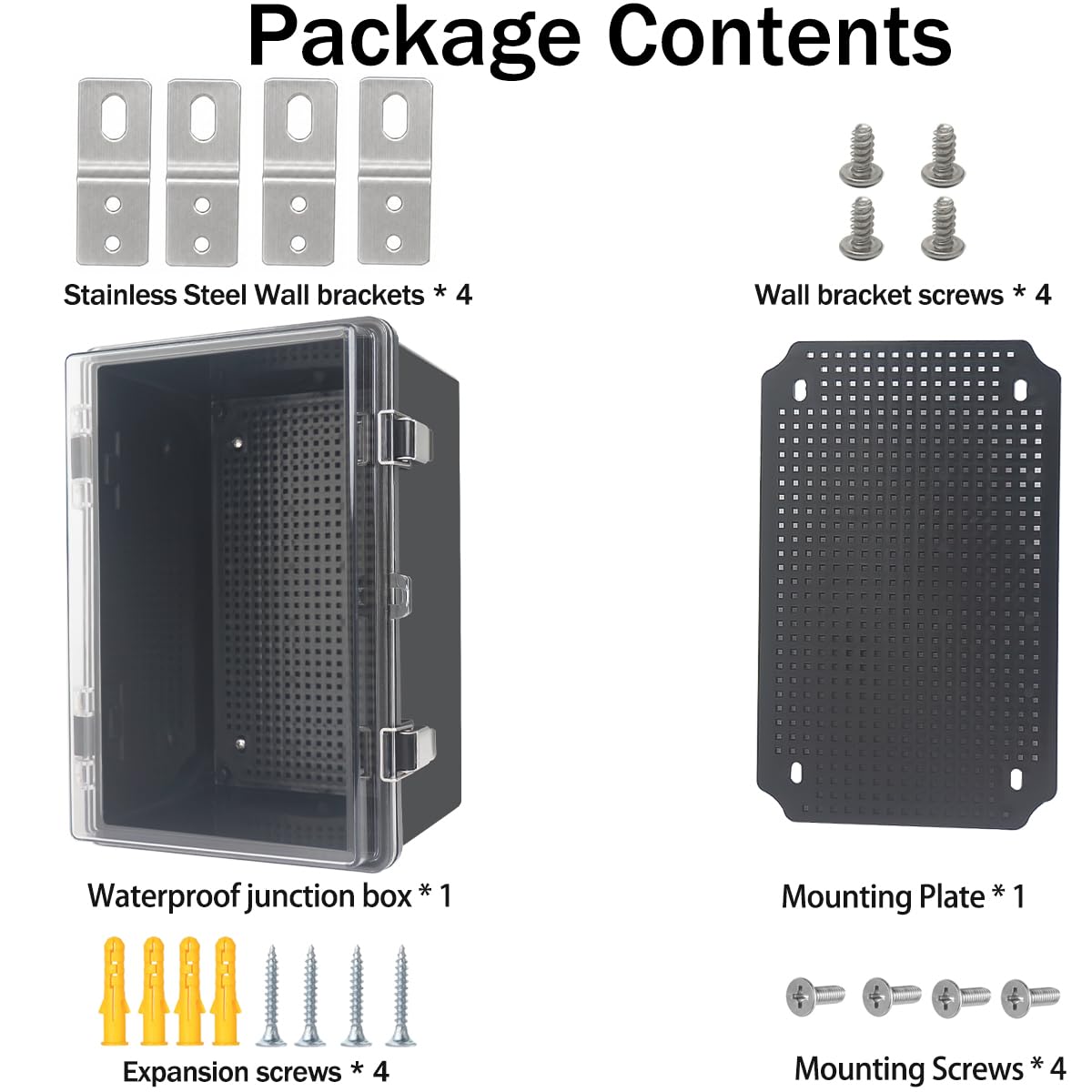 Junction Box,IP67 Waterproof Electrical Box Hinged Clear Cover Stainless Steel Latch Project Box Enclosure with Mounting Plate & Wall Bracket, Black 11.8 x 7.9 x 6.7inch(300x200x170mm) — Amazon image 6