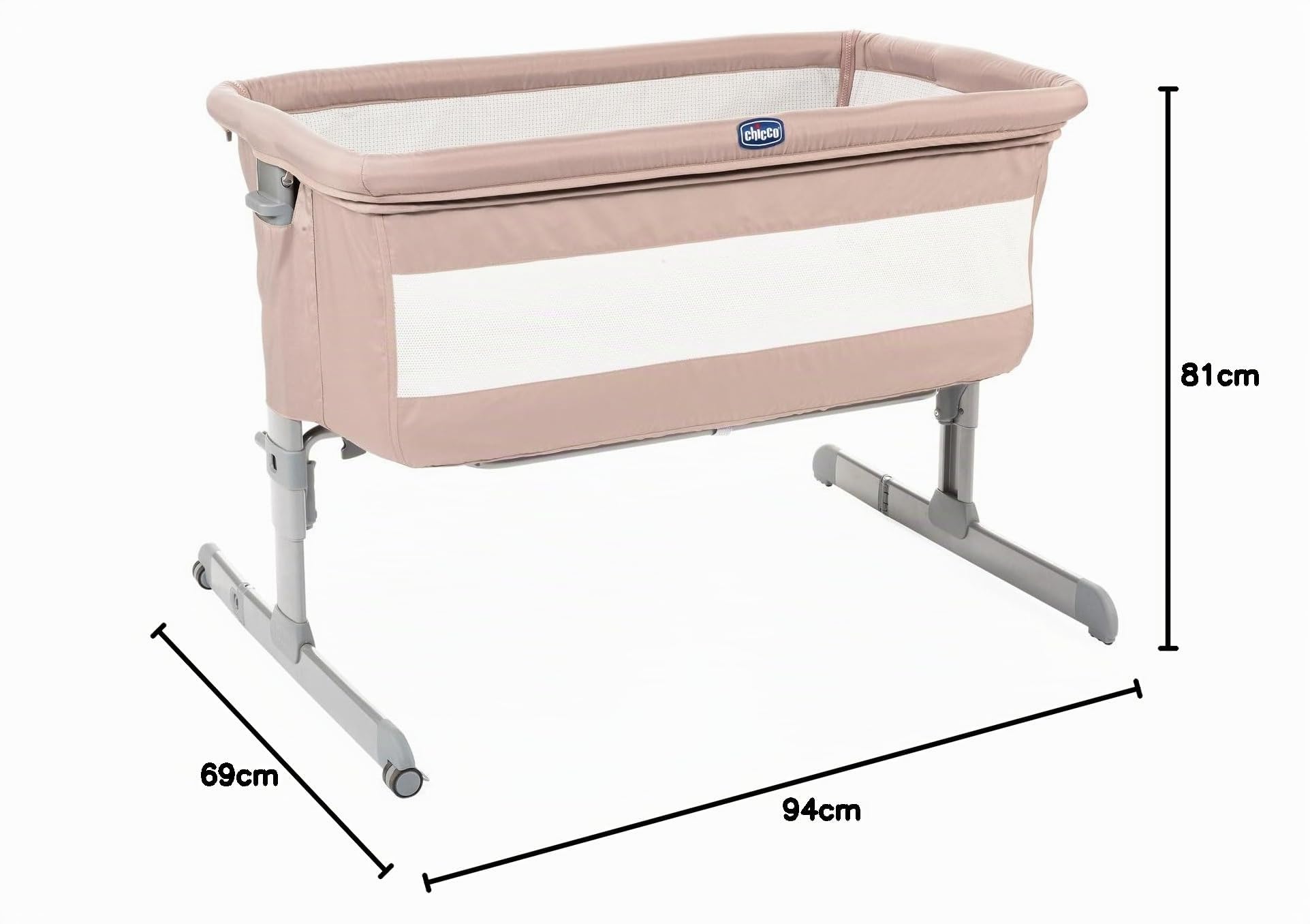 Chicco Next2Me Cuna de Colecho para Bebé con Colchón, Apertura Lateral, Altura Ajustable, Paneles de Malla, Ruedas y Bolsa de Viaje 0-6 Meses