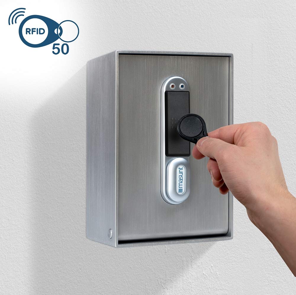 masunt coffre-fort à clés 2141 RFID | coffre-fort électronique | enregistrement jusqu'à 50 supports d'accès individuels | anti-effraction | acier inoxydable V4A | extra résistant à la corrosion