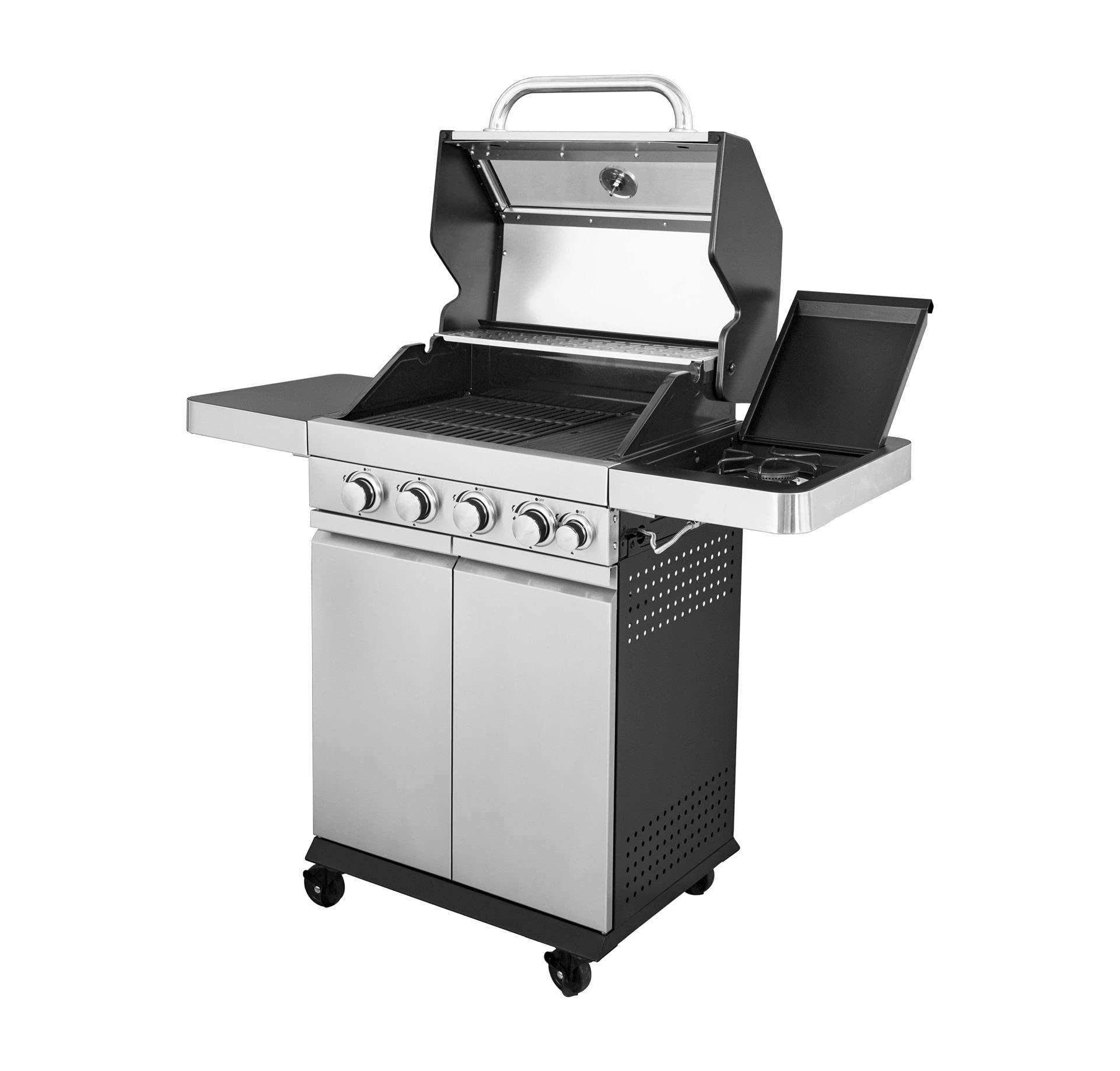 Grill gazowy ze stali nierdzewnej "Sunset Beach" 4 + 1 palnik, ruszt do grillowania i żeliwna płyta grillowa, półka boczna do składania