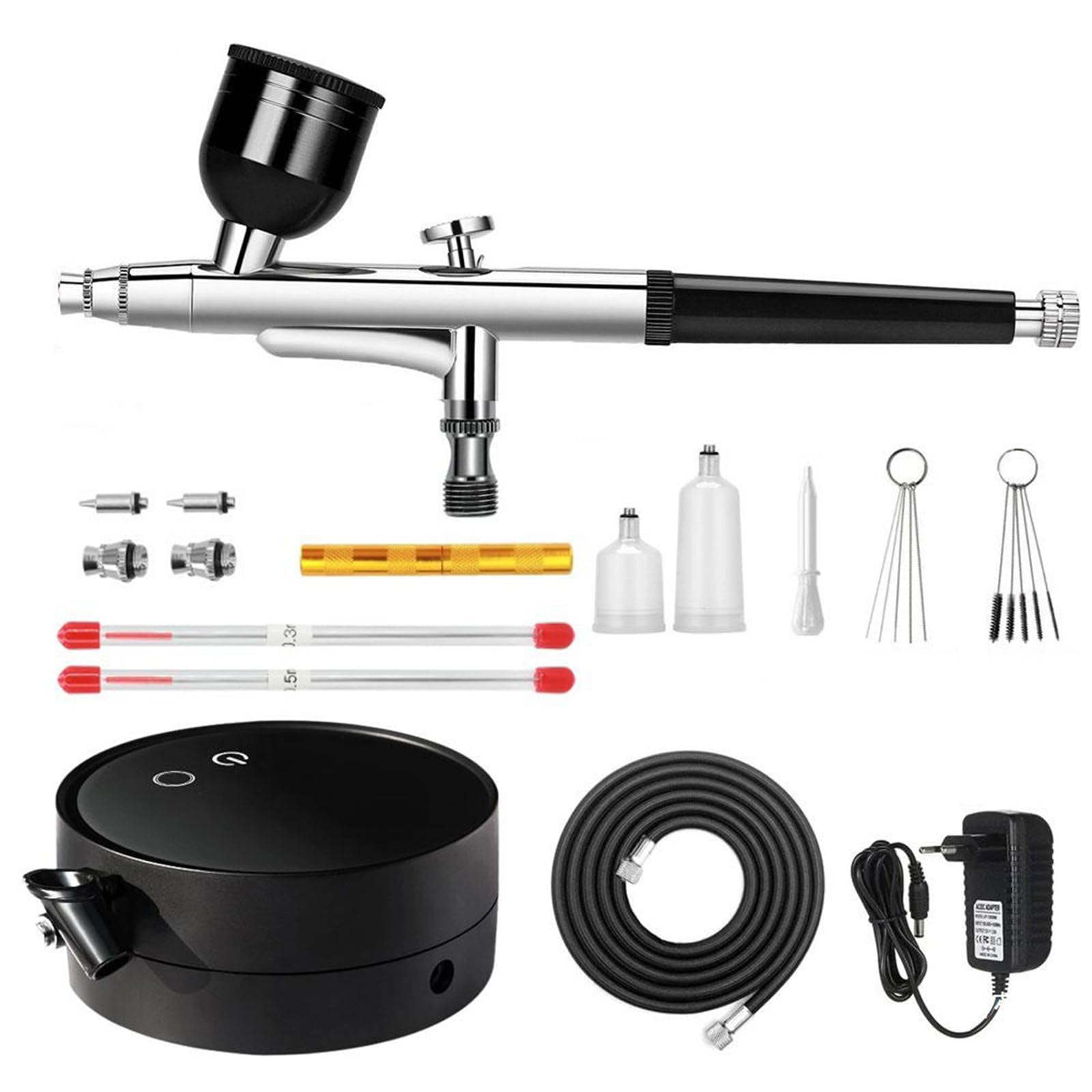 Airbrush Set mit Kompressor, Dual Action Airbrush Set mit 3 Druckstufen (25/38/48 PSI) & 0,2/0,3/0,5 mm Düse, Air Brush Pistole Set für Bastelarbeiten, Nageldesign, Tätowierungen, Make Up Kunst