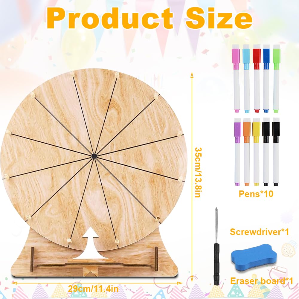 Ruota Della Fortuna Gioco, TGKYK 30cm 12 Slot Ruota dei Premi in Legno con Gomma, Pennarello e Cacciavite, Gioco la Ruota Della Fortuna, Ruota dei Premi Che Gira per Matrimoni, Feste, Scuole
