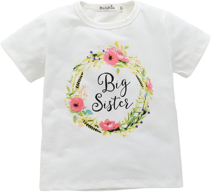 Big Sister Shirt, Letter Flower Print Short Sleeve Outfits White