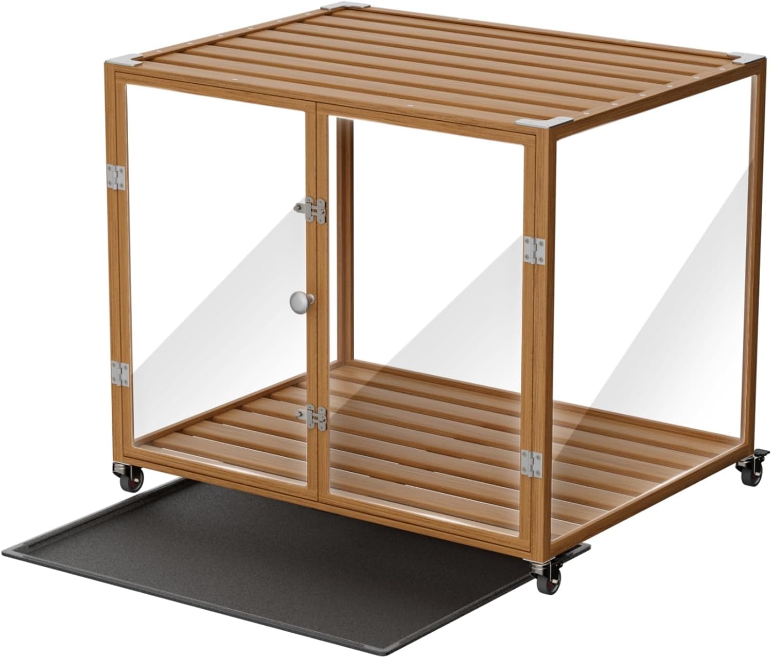 Meuble Cage Chien Intérieur Transparent: 76x58.5x66.5cm Caisse pour Petit Chien en Verre Trempé avec Cadre en Alliage d'Aluminium sur Roulette - Cages Chiens avec 3 Porte et Plateau Amovible