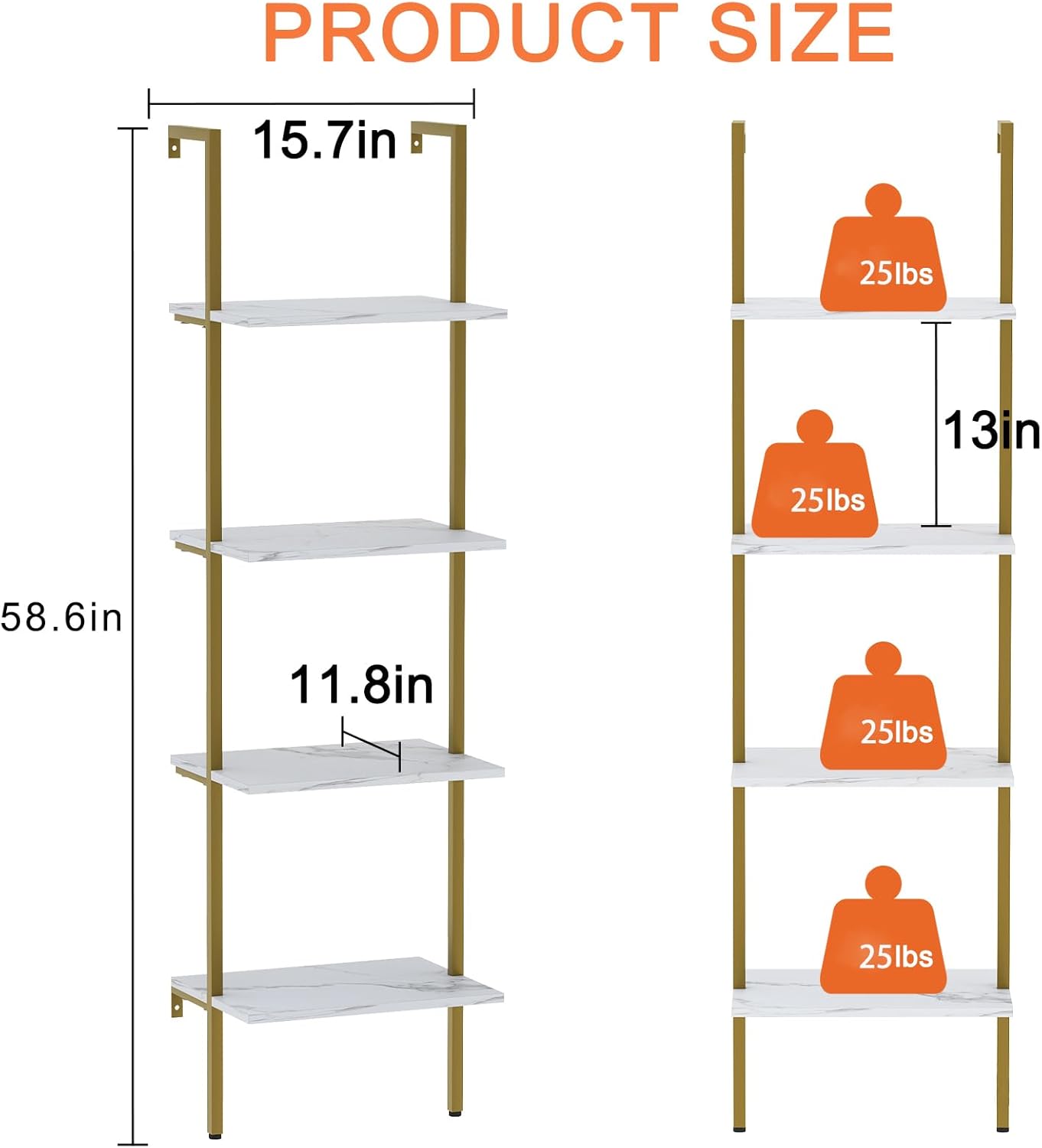Ladder Shelf 4 Tiers Metal Industrial Bookshelf,White Marble Wood Tall Open Storage Rack and Display Shelves,Wall Mount Wide Book Case for Home Office Bedroom,Small