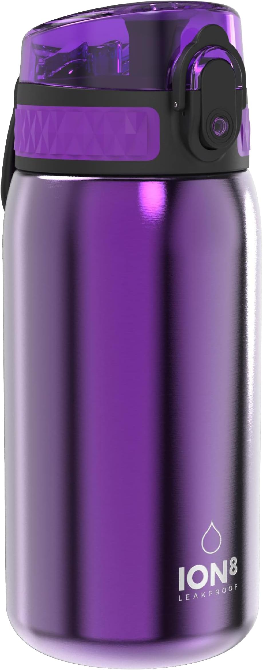 ION8 Lightweight Steel Kids Water Bottle, 400ml/13oz, Non-Insulated, Leak Proof, Easy to Open, Secure Lock, Dishwasher Safe, Fits Cup Holders, Carry Handle, Metal Water Bottle, Purple