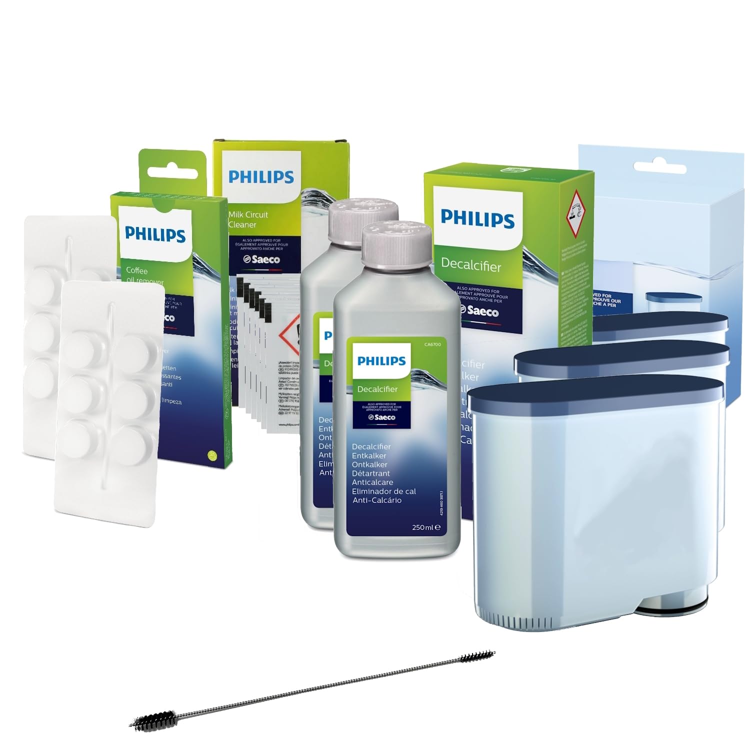 ZZ-Clan - Set de cuidado grande para Philips Saeco - 500 ml descalcificador CA6700, 12 desengrasantes de café CA6704, 6 limpiadores circulatorios de leche CA67053, 3 filtros de agua de repuesto para