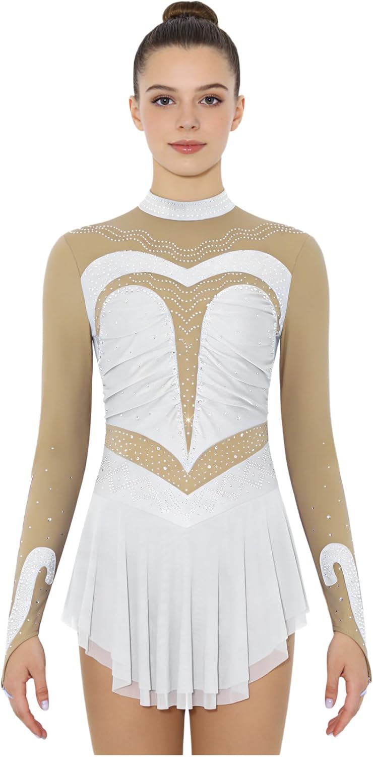 JEYPINMI Ice Skating Dress for Women Rhinestones Long Sleeve Figure Skating Leotard Dress Gymnastics Bodysuit