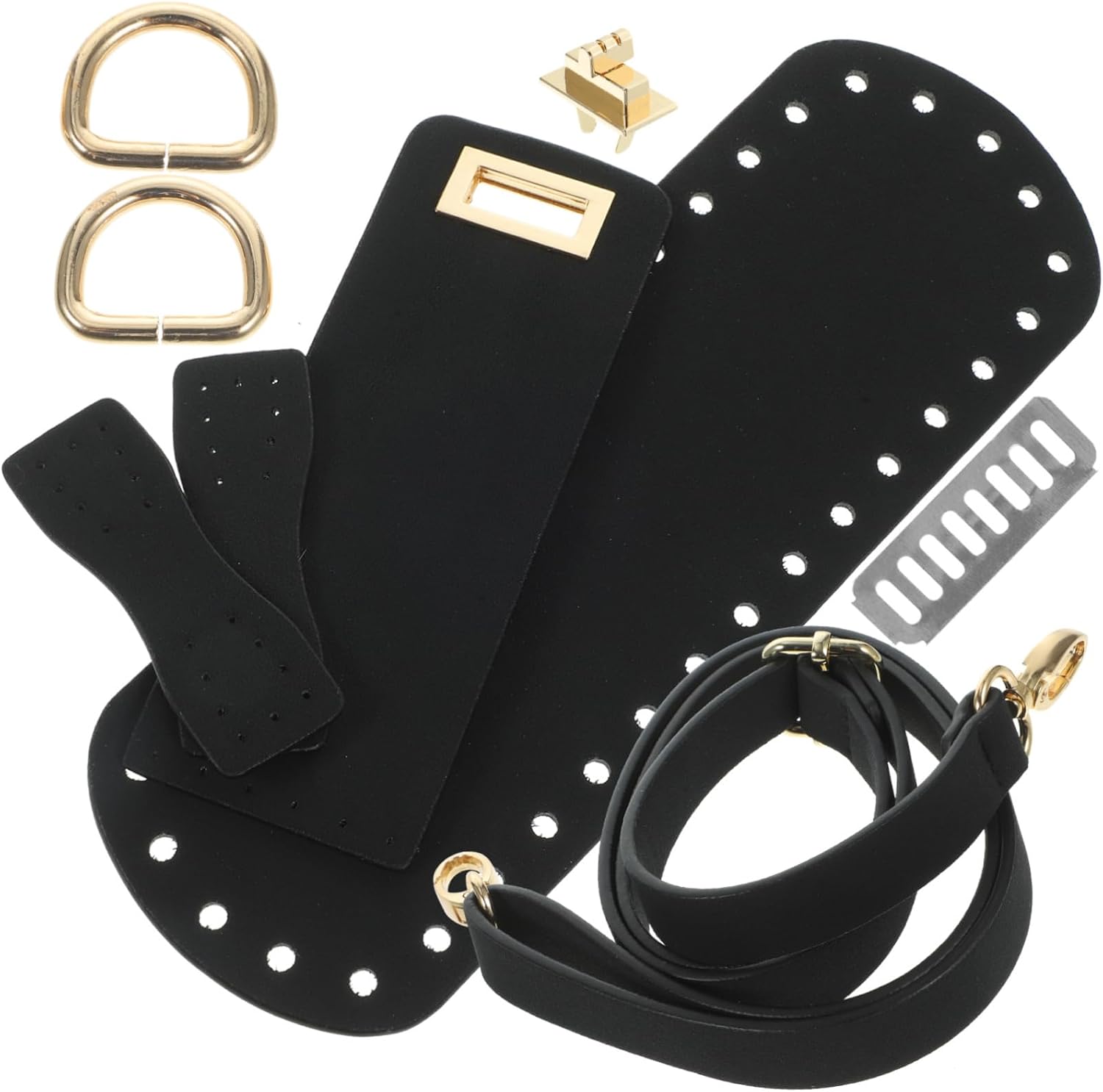DECORNIJIA 1Set DIY Bag Material Kit PU Leather Bottom Cover Accessories for Handmade Woven Bag Includes Shoulder Strap Lock Buckle and Mounting Pendant Black