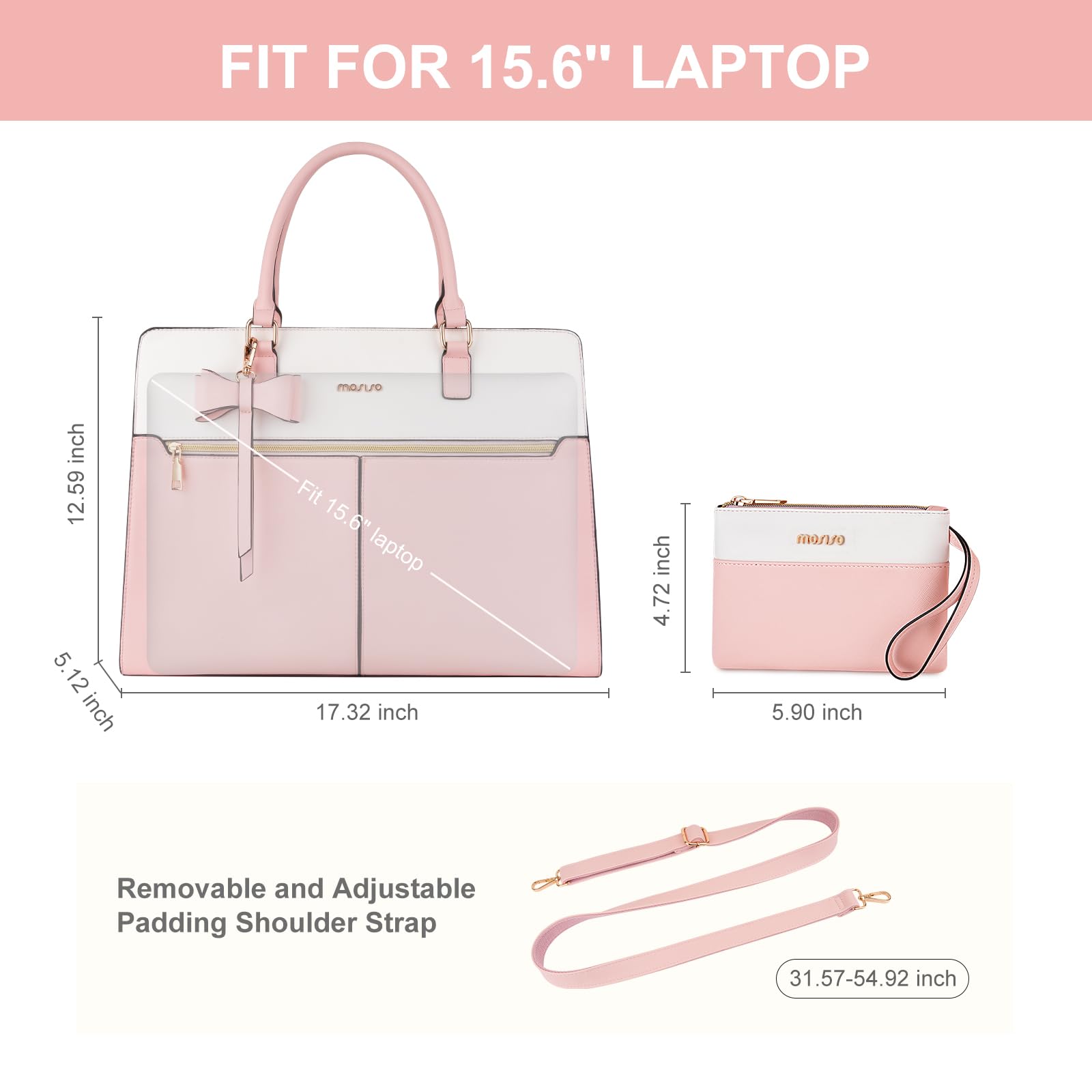 MOSISO Borsa Tote Laptop Donna, 15.6 Pollici Lavoro Pelle PU Impermeabile con Pochette e Fiocco, Borse a Mano Grande Capacita, Borsa a Tracolla Computer, Valigetta Lavoro Ufficio, Insegnante,Rosa