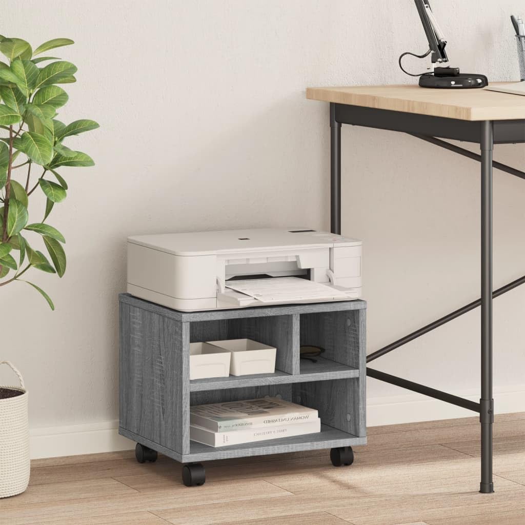 Druckertisch auf Rollen Grau Sonoma 41x32x34,5 cm, Druckerständer mit Rollen aus Holzwerkstoff, Stabiler Druckerwagen mit 2 arretierbaren multifunktionaler Organizer für Büro,