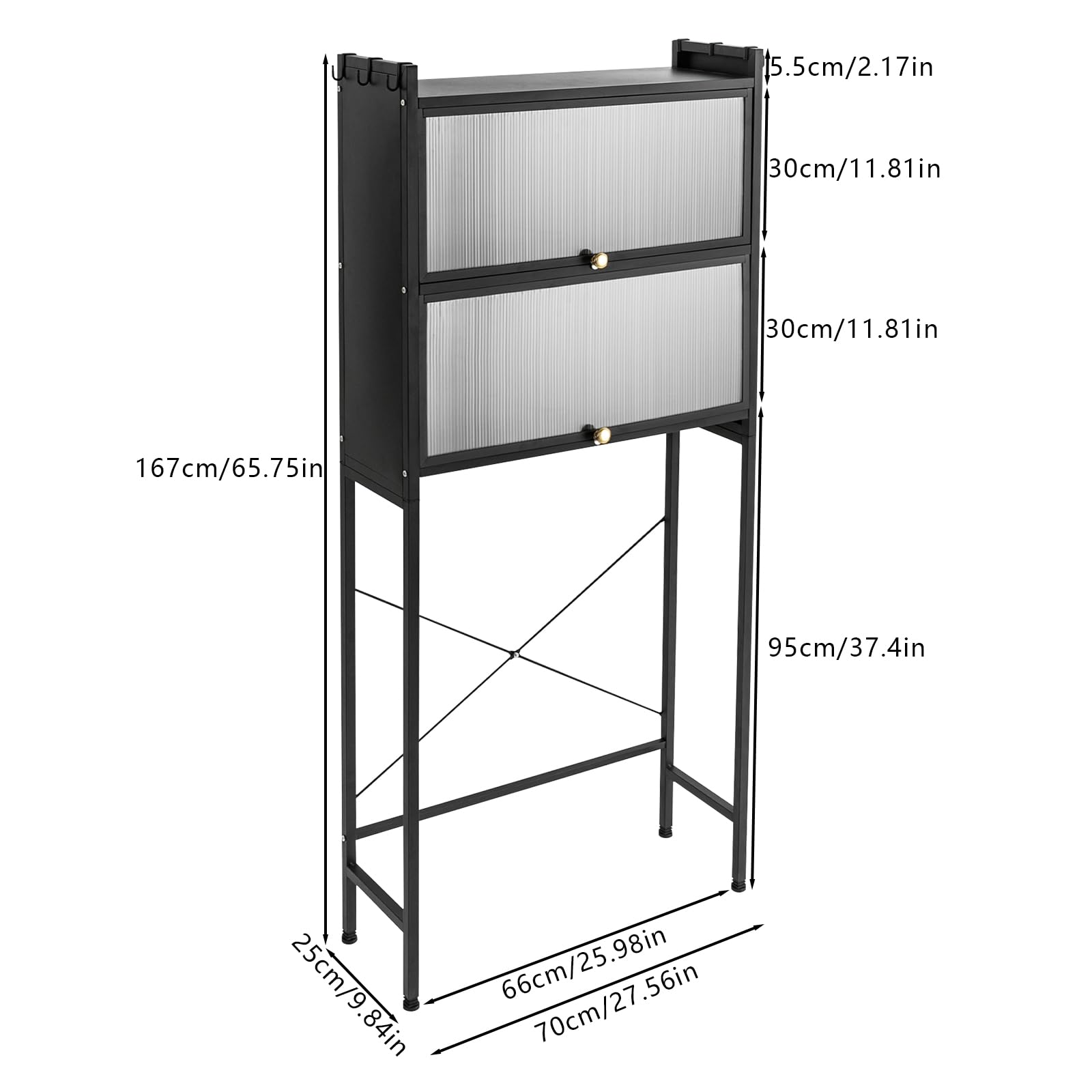 Estantería de almacenamiento sobre lavadora, estantería de baño de acero al carbono, 2 niveles, estantería para lavadora con 6 ganchos extraíbles, organizador de baño para lavadora y secadora (negro)