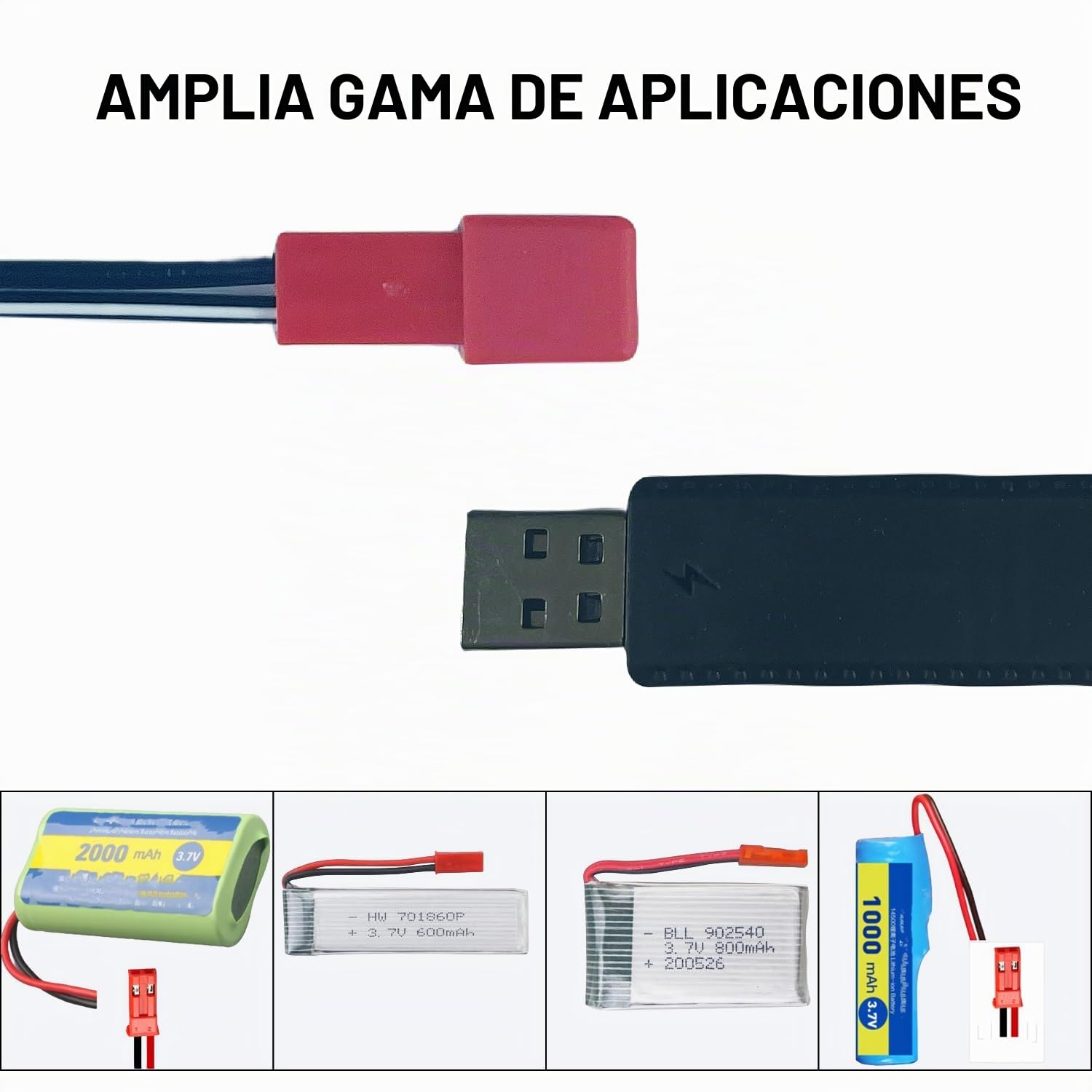 Cable USB 3.7V con Enchufe JST 2PIN Compatible para Coche/Avión/Tanque/Barco RC, Drone y Otros Juguetes de Control Remoto - Cargador para Batería Lipo 3.7V