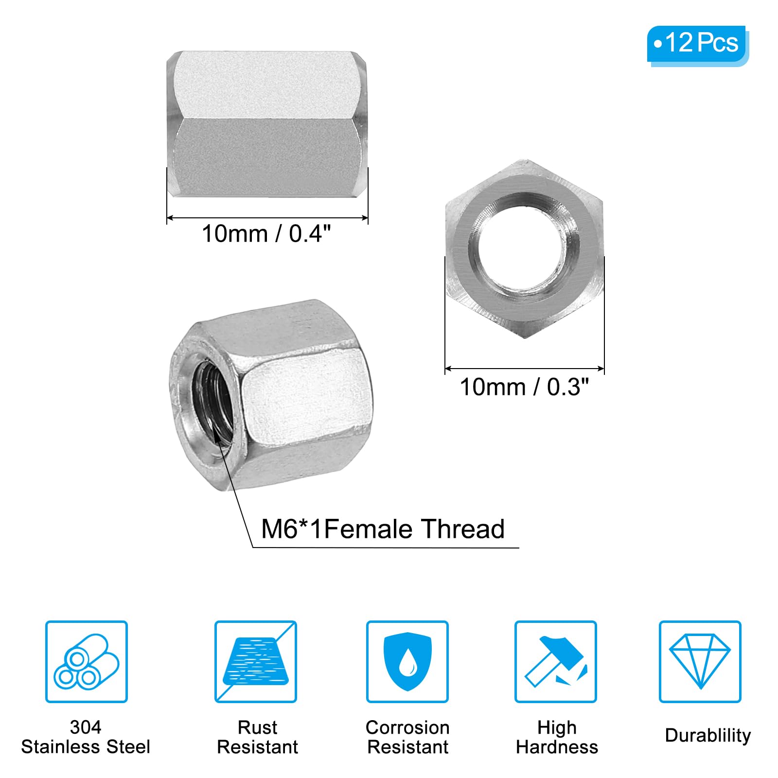 PATIKIL M6 x 1-Pitch 304 Stainless Steel Hex Coupling Nuts - Image 2